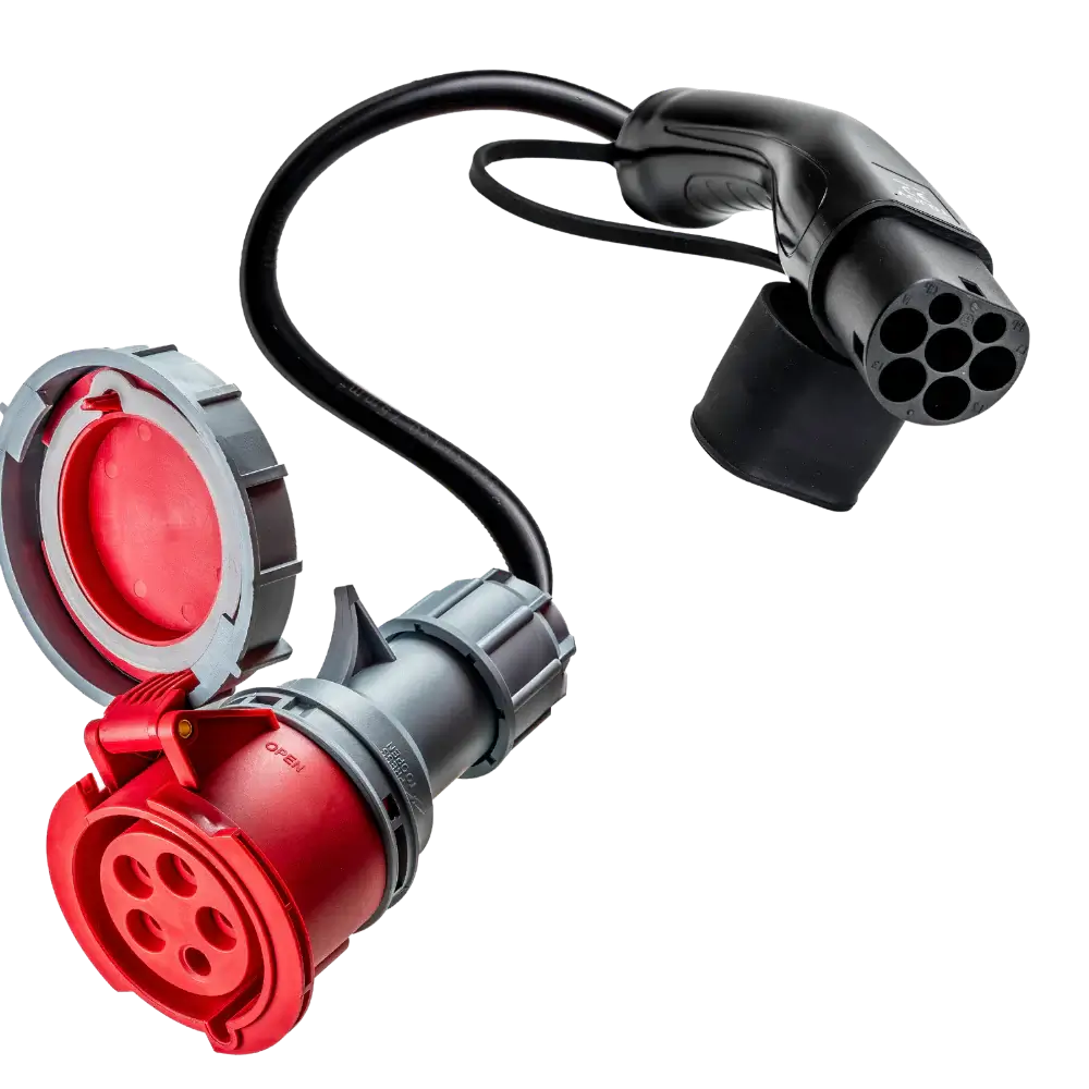 Een zwart-rode laadstekker en laadcontactdoos voor elektrische voertuigen met kabel, ronde meerpinsconnector, beschermkap, compatibel met de 🇳🇱 type 2 naar 32A CEE-adapter Krachtstroom uit EV laadpaal.