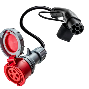 Een zwart-rode laadstekker en laadcontactdoos voor elektrische voertuigen met kabel, ronde meerpinsconnector, beschermkap, compatibel met de 🇳🇱 type 2 naar 32A CEE-adapter Krachtstroom uit EV laadpaal.
