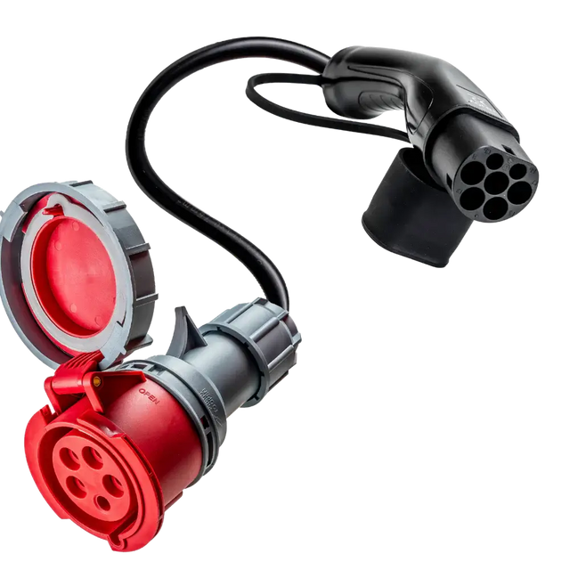 Een zwart-rode laadstekker en laadcontactdoos voor elektrische voertuigen met kabel, ronde meerpinsconnector, beschermkap, compatibel met de 🇳🇱 type 2 naar 32A CEE-adapter Krachtstroom uit EV laadpaal.