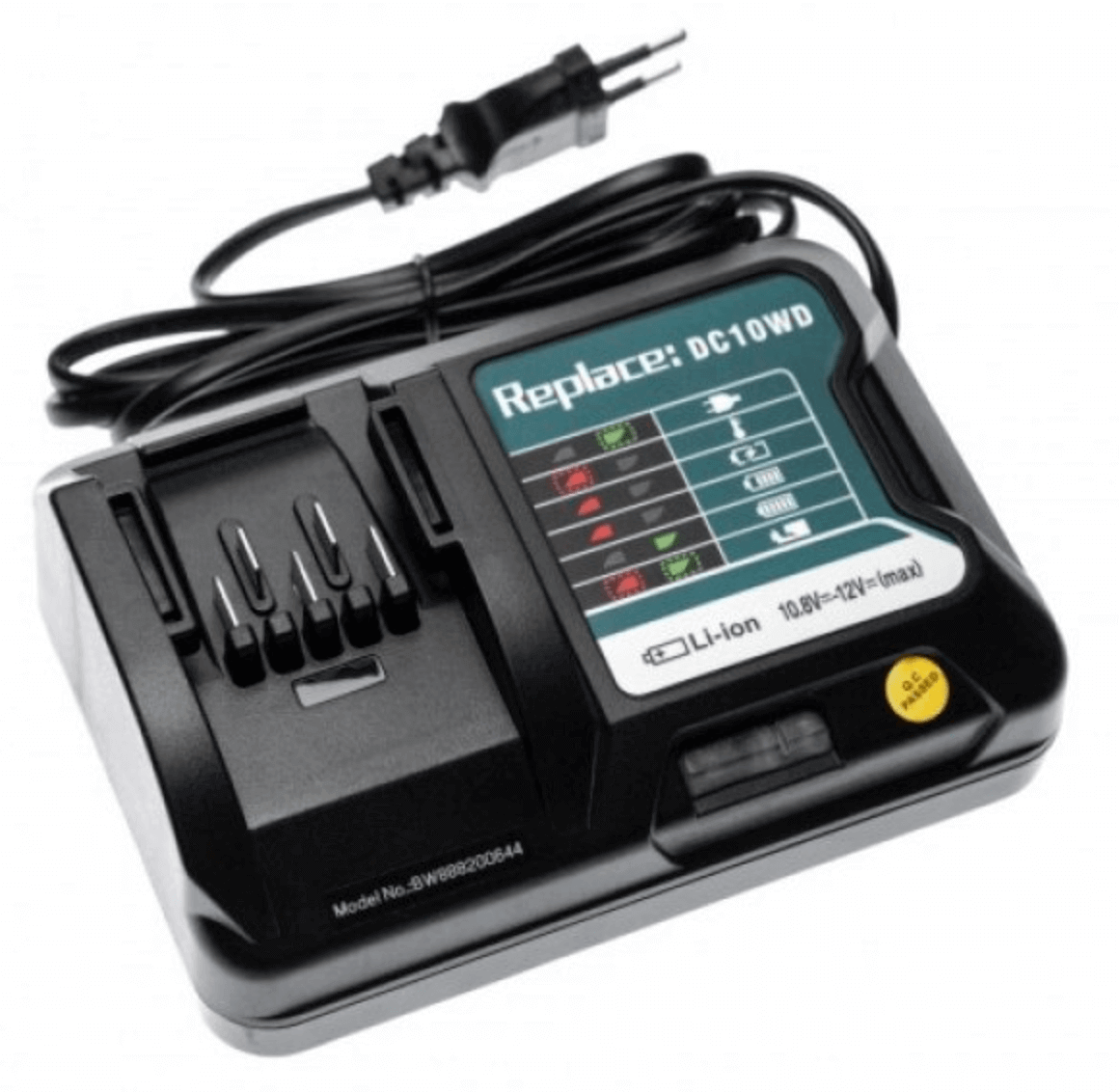 Een zwarte vervangende acculader voor Makita 10.8V-12V Li-Ion accu's, met indicatielampjes, een oplaadslot en tweepolige stroomkabel. Geschikt voor BL1015, BL1021B, BL1041B en Makita CXT gereedschap (DF, HP, TD, HR).